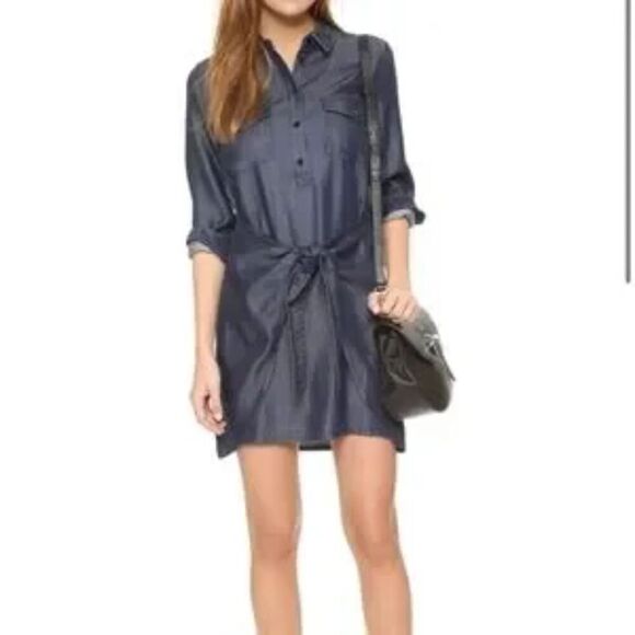 Club Monaco Ladore Tie Front Dress Women Size 4 Dark Blue Chambray Western Rodeo - Picture 1 of 12